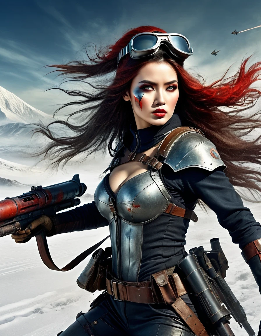 Christian Schloe style, beautifully detailed, best quality, super fine, HDR, masterpiece: 1. 2, wasteland, beautiful female warrior from China holding a rocket launcher, futuristic fantasy, long flowing hair, high tech helmet, goggles, blood and black greasepaint on the face, dirt, wounded, worn out, tragic, movie stills, Siberia, snow covered vast wasteland, cold night, sci-fi art, Amidio Modigliani style, battle, war, multiple fighters, background: army combat battlefield, countless brave soldiers.