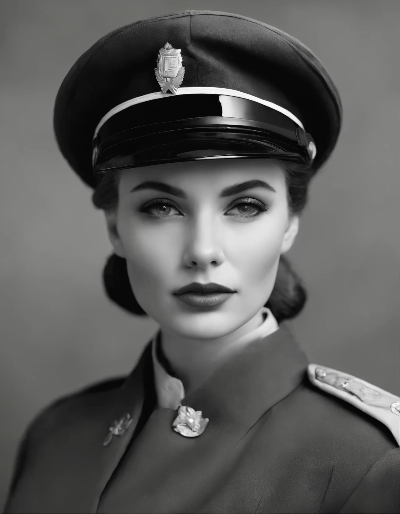 一張身穿制服、戴著帽子的女人的黑白照片, 第二次世界大戰年輕女士兵, 士兵女孩的肖像, 女戰士的肖像, 作者：贝拉·孔多尔, 灵感来自维奥莱特·奥克利, 通过埃尔西·费夫, 李·米勒, 瑪麗亞潘菲洛娃, 作者：拉萨尔·西格尔, 作者未知, 柴油龐克士兵女孩, 通过多萝西·可乐
