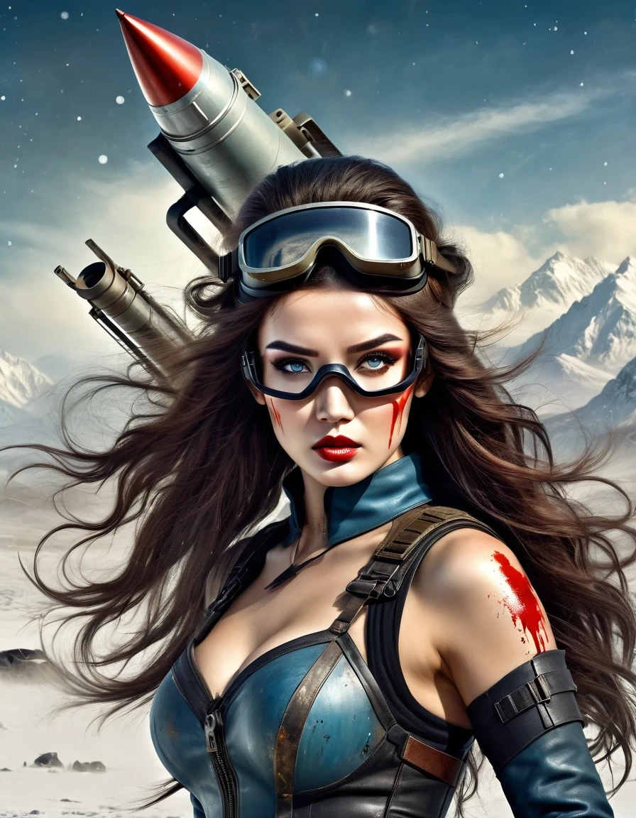 Christian Schloe style, beautifully detailed, best quality, super fine, HDR, masterpiece: 1. 2, wasteland, beautiful female warrior from China holding a rocket launcher, futuristic fantasy, long flowing hair, high tech helmet, goggles, blood and black greasepaint on the face, dirt, wounded, worn out, tragic, movie stills, Siberia, snow covered vast wasteland, cold night, sci-fi art, Amidio Modigliani style, battle, war, multiple fighters, background: army combat battlefield, countless brave soldiers.