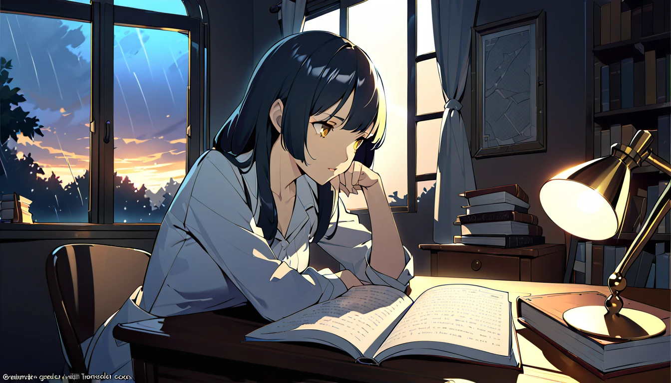 Masterpiece, Best quality, 1girl, Cozy corner, Jumble of books, Profound study, Desk lamp, Yellow glow, Peaceful ambiance, Quiet night, Window, Tranquil countenance, Intensity of concentration, Composed posture, Inquisitive eyes, Subtle tilt, Nimble fingers, Timeworn margins, Sultry aura, Silent focus, Deep in thought, Scholar, Old world wisdom, Intellectual, Thoughtful, Pensive, Well-read, Intellect, Knowledgeable, Wisdom seeker, Glimpse into the mind, Soaking up the knowledge, Absorbing the information.
A girl, enscon,evening,rainy,with cat,