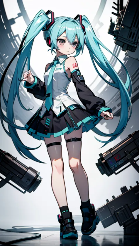 product illustration for girl black,white skin,pale complexion,light skin tone,face forward,are standing、hatsune miku,twin tails