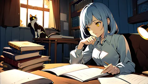 Masterpiece, Best quality, 1girl, Cozy corner, Jumble of books, Profound study, Desk lamp, Yellow glow, Peaceful ambiance, Quiet...