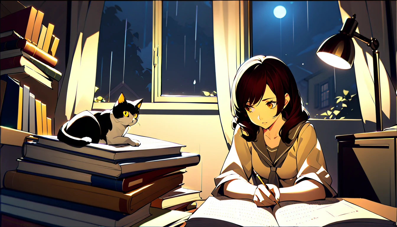 Masterpiece, Best quality, 1girl, Cozy corner, Jumble of books, Profound study, Desk lamp, Yellow glow, Peaceful ambiance, Quiet night, Window, Tranquil countenance, Intensity of concentration, Composed posture, Inquisitive eyes, Subtle tilt, Nimble fingers, Timeworn margins, Sultry aura, Silent focus, Deep in thought, Scholar, Old world wisdom, Intellectual, Thoughtful, Pensive, Well-read, Intellect, Knowledgeable, Wisdom seeker, Glimpse into the mind, Soaking up the knowledge, Absorbing the information.
A girl, enscon,evening,rainy,with cat,