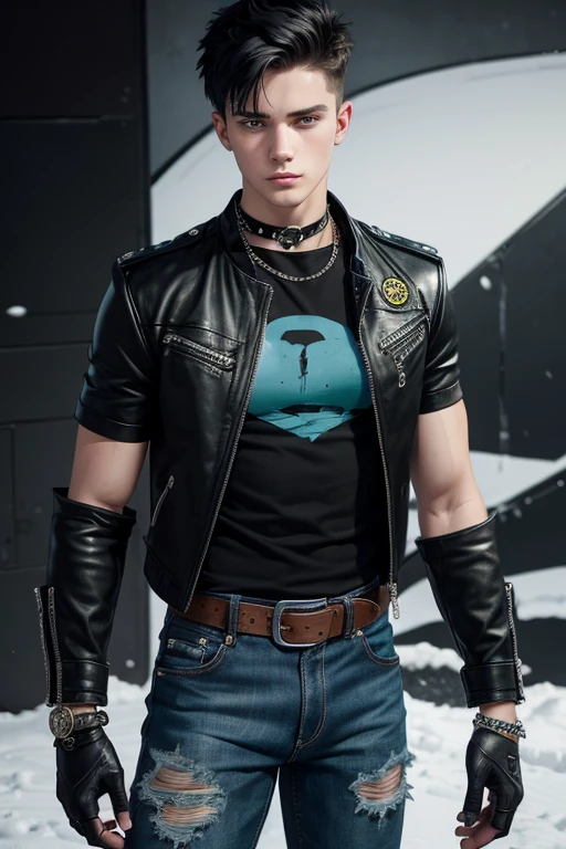 Bradley Hamilton 20-year-old boy with open black jacket, blue t-shirt with snow print, short black hair, punk style, yellow locks, black jeans, green eyes, black leather belt, silver buckle, slim muscular build, cross medallion, silver bracelet, looking straight at the viewer