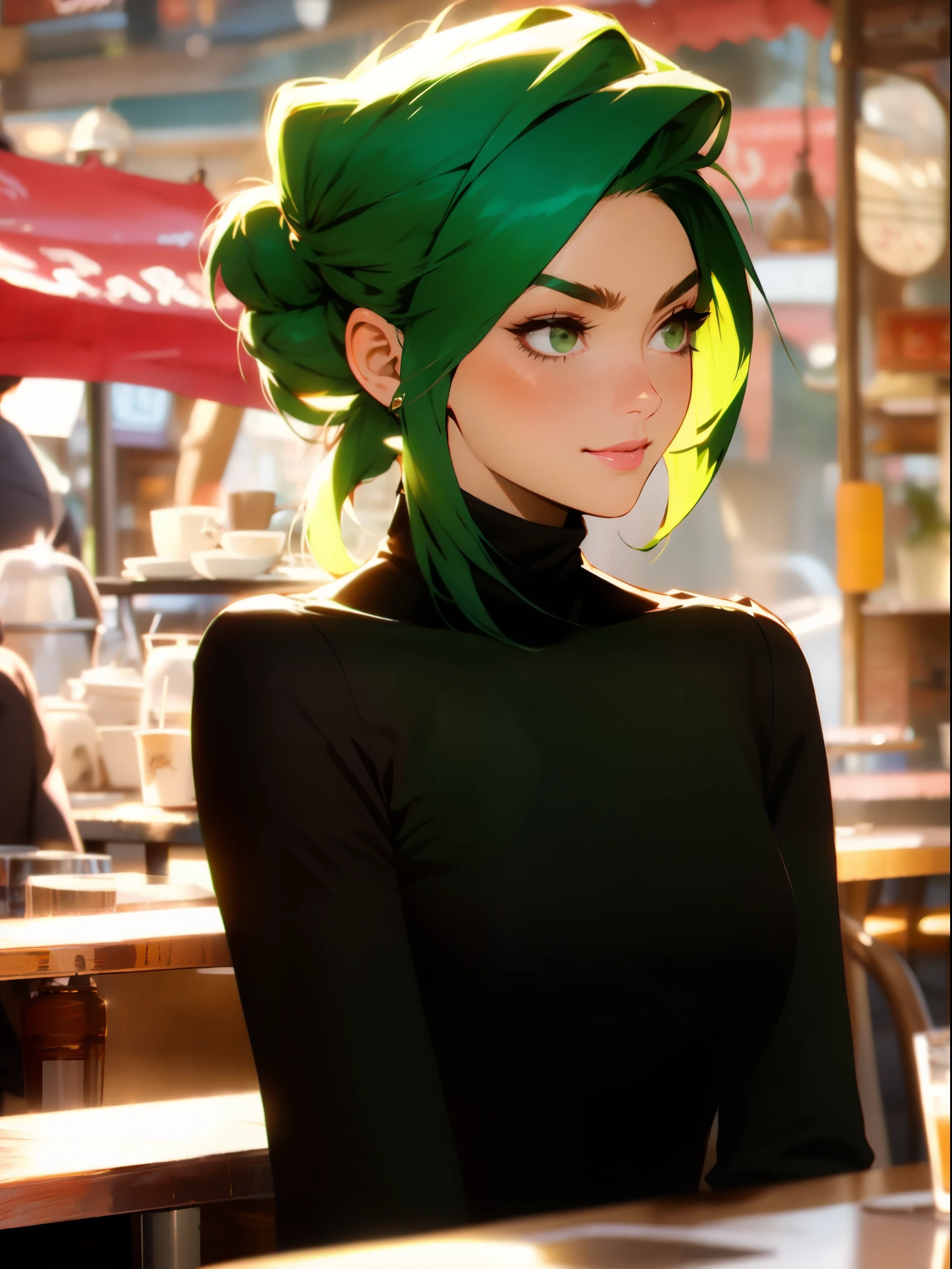 beautiful woman, green hair in a messy bun, freckles, detailed face, black turtleneck sweater, smirk, early morning, coffee shop, depth of field, blurry background
