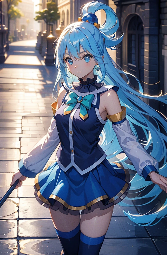 aaaqua, long hair, blue hair, hair rings, hair ornament, choker, bare shoulders, green bow, blue shirt, detached sleeves, blue skirt, thighhighs, highest quality,((highest quality)),((Tabletop)),((Perfect Face)),become close５Two fingered hand,1 girl,(Background Blur), ((Holographic)),1 girl,milky way, (Stripes of light), Impressive visuals, (Dynamic Streaks, Path of Light:1.2), Bright colors, Look up,Dynamic pose, Fountain in the background,　Carrying a walking stick, Looks like an anime poster,　A fateful journey