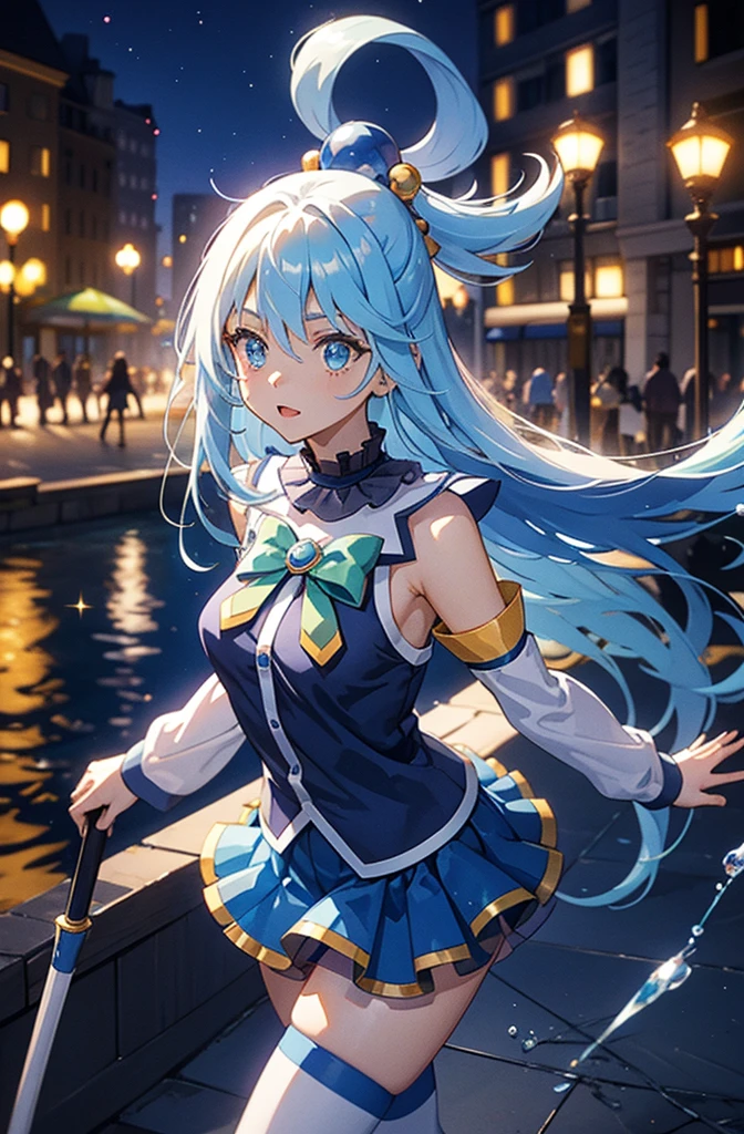 aaaqua, long hair, blue hair, hair rings, hair ornament, choker, bare shoulders, green bow, blue shirt, detached sleeves, blue skirt, thighhighs, highest quality,((highest quality)),((Tabletop)),((Perfect Face)),become close５Two fingered hand,1 girl,(Background Blur), ((Holographic)),1 girl,milky way, (Stripes of light), Impressive visuals, (Dynamic Streaks, Path of Light:1.2), Bright colors, Look up,Dynamic pose, Fountain in the background,　Carrying a walking stick, Looks like an anime poster,　A fateful journey