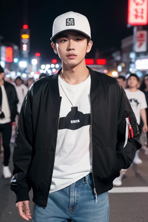 Street style portrait of 25 year old Asian man, Handsome detailed white skin, short hair, snapback hat For an oversized bomber jacket suitable for spring and summer、This graphic T-shirt。Coordinate with long ripped black jeans and high-top sneakers, carrying Bag stands facing the audience. Background Tokyocity, bright nighttime world.