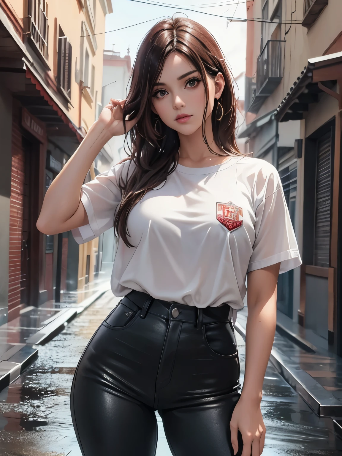 a woman, large eyes, bright Eyes, Red eyes, white hair with red tips, short messy hair with long sides, big breasts wearing a white short shirt, black shorts, lipstick, shadow, body covered in tattoos, beautiful girl, ( Perfect body beauty: 1.4, symmetrical face with harmonious features, Genuine leather texture, Masterpiece, Best Quality, cinematic lighting, textured skin, anatomically correct, high detail, realism, High resolution, 8k wallpaper unit, depth of field, street, rain, WET BODY: 1.2, splashes of water in the street.