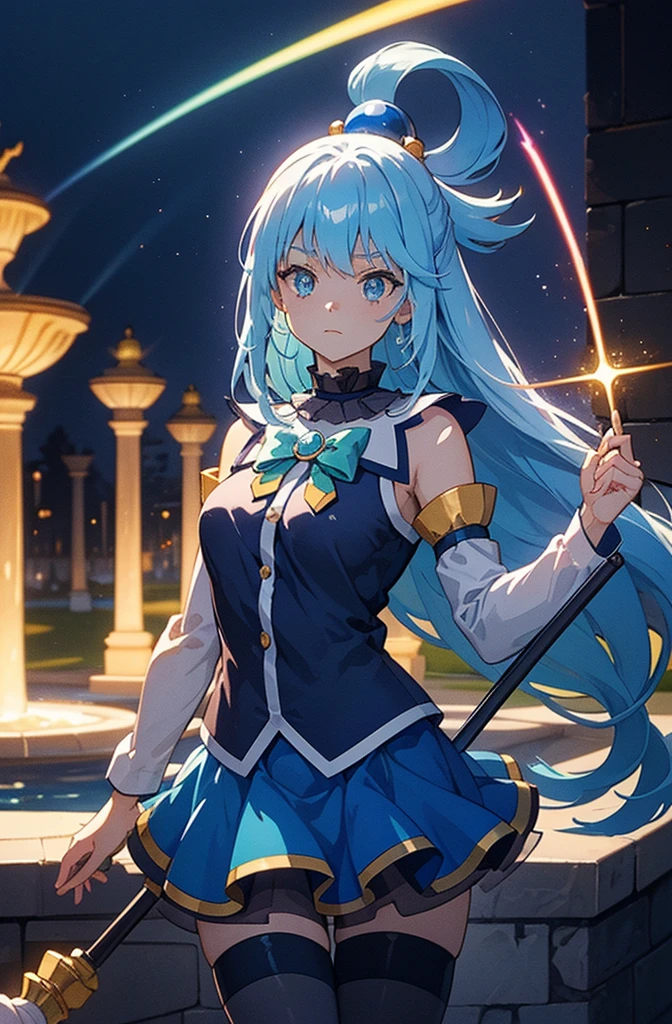 aqua, long hair, blue hair, hair rings, hair ornament, choker, bare shoulders, green bow, blue shirt, detached sleeves, blue skirt, thighhighs, highest quality,((highest quality)),((Tabletop)),((Perfect Face)),become close５Two fingered hand,1 girl,(Background Blur),, Unreasonable,Her figure is extremely beautiful, Emphasizing the dark and crazy elements. Skillfully expressing the effects of light and shadow, detailed, The face and expression are carefully drawn..., Artistic elements add depth to the work, With a unique artistic touch. This film is visually stimulating、Aesthetically pleasing.,sketch (Character design sheet, same characters, whole body, Three-View, front, ~ ~ ~ side, return),,milky way, (Stripes of light), Impressive visuals, (Dynamic Streaks, Path of Light:1.2), Bright colors, Look up,Dynamic pose, Fountain in the background,　Carrying a walking stick, Looks like an anime poster,　A fateful journey