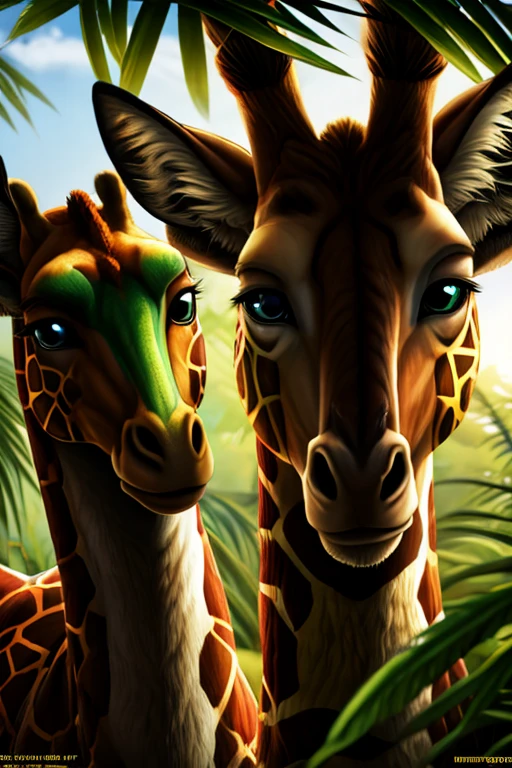 Symmetrical national geographic close-up portrait of three giraffes in the jungle, verde de un canguro expresivo, anamorphic lens, ultrarrealista, hiperdetallado, núcleo verde, core of the jungle –ar 16:9 –q 2 –v 5 rtx en --ar 73:128 --s 750 --v 5. 2, animal planet movie image, hermosas jirafas, familia de jirafas, inspiran amor y ternura,