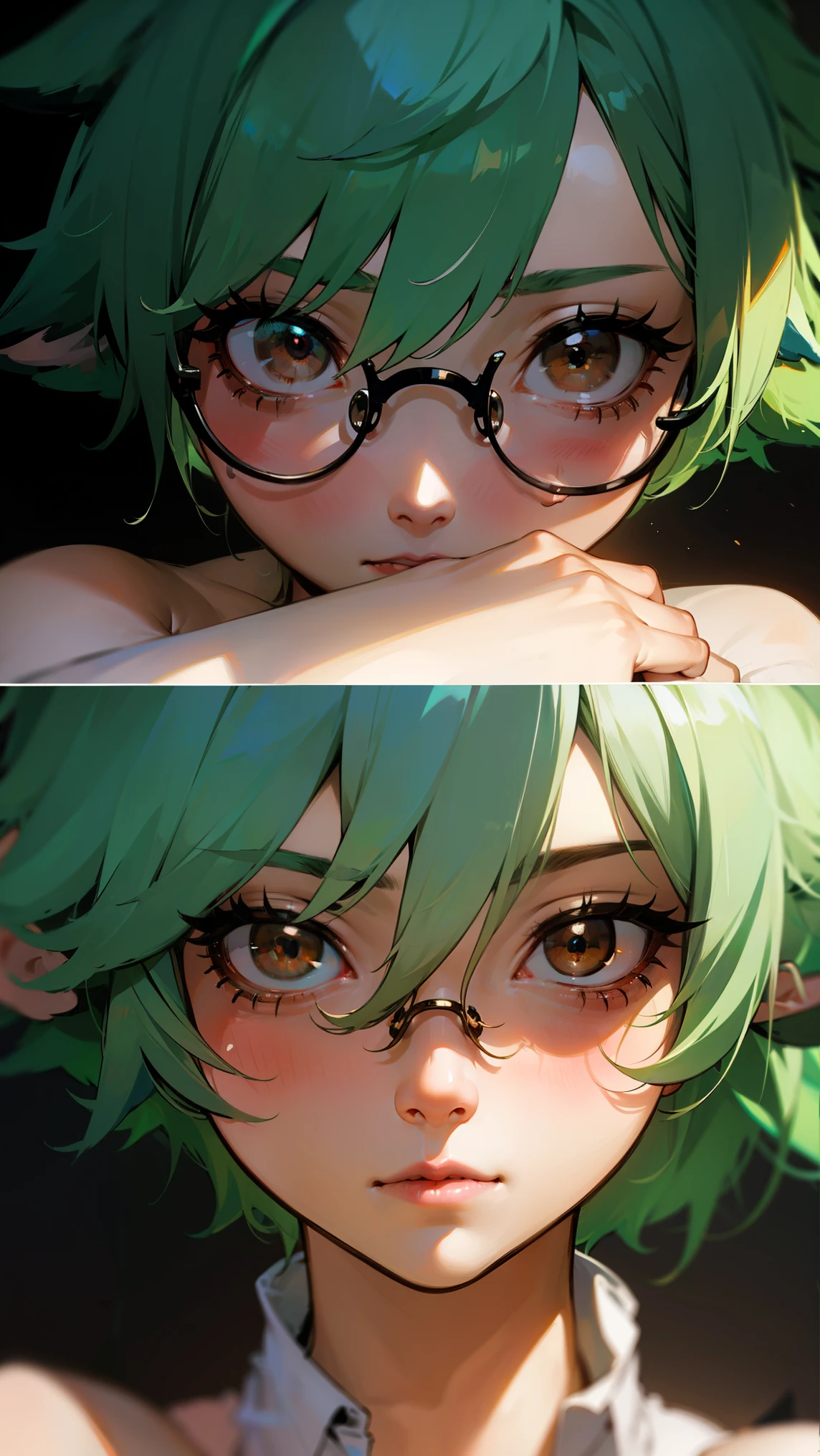 sucrose, sucrose, ahoge, animal ears, (brown eyes:1.5), glasses, gradient hair, hair between eyes, messy hair, multicolored hair, semi-rimless eyewear, short hair, ((green hair:1.5)), embarrassed,
BREAK (lace, lace-trimmed_legwear, lace_trim, thighhighs:1.2),
BREAK bare body, cum: 1.5, shocked face, shy, blush, porn, nude, sex, hentai,
BREAK (masterpiece:1.2), best quality, high resolution, unity 8k wallpaper, (illustration:0.8), (beautiful detailed eyes:1.6), extremely detailed face, perfect lighting, extremely detailed CG, (perfect hands, perfect anatomy),