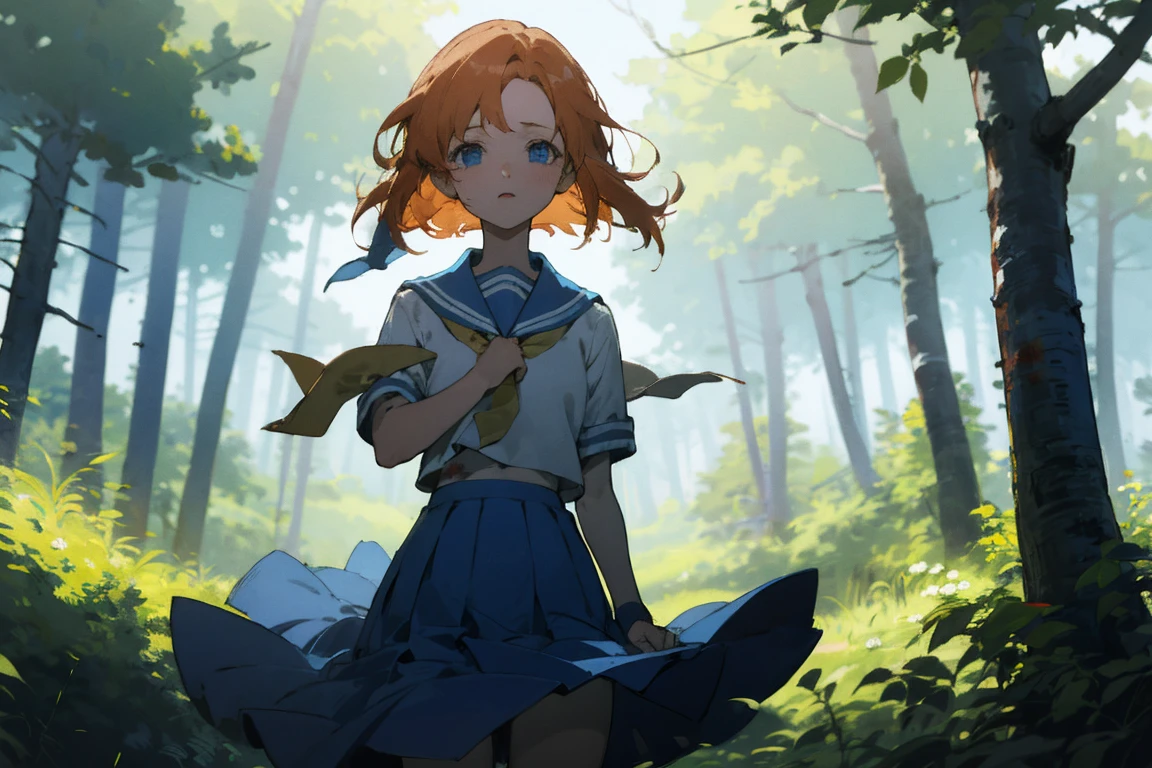 1 girl，Beautiful views，(masterpiece、highest quality)，short hair,Orange Hair，Blue Skirt，Ties，White socks，Short sleeve,Blue Sailor，blue eyes、in the forest、、,Bloody,summer