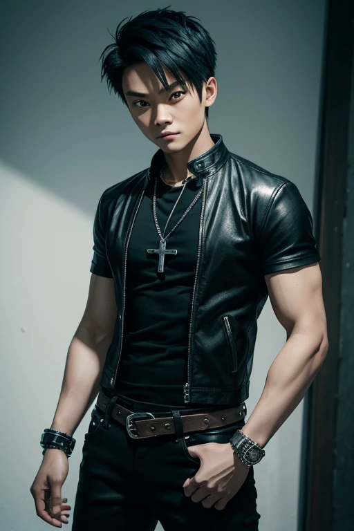 Osric Chau 20 歲男孩，身穿黑色敞篷夾克, 雪花印花藍色 T 卹, 黑色短髮, 龐克風格, 黃色鎖, 黑色牛仔褲, 綠眼睛, 黑色皮帶, 銀扣, 苗條的肌肉身材, 十字勳章, 銀手鍊, 直視觀看者