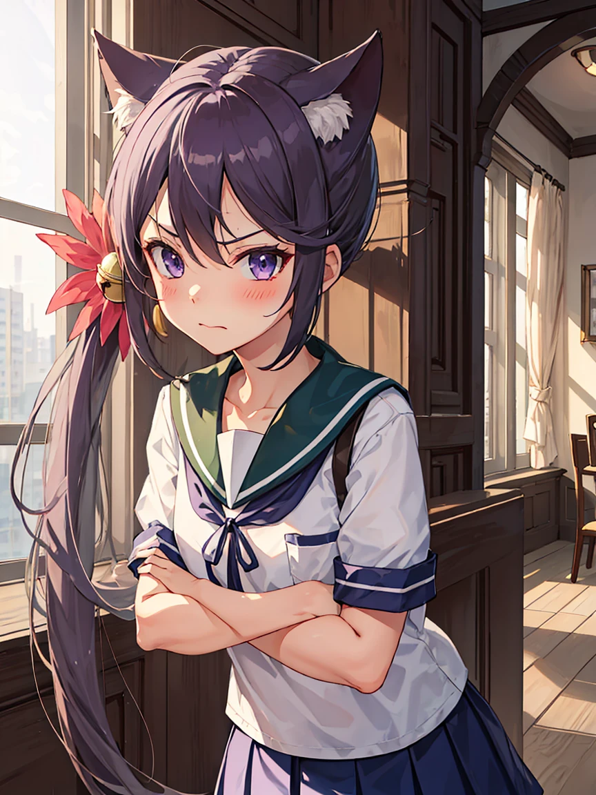 akebono_kantaicollection, purple_hair, long_hair, hair_ornament, side_ponytail, purple_eyes, flower, hair_flower, hair_bell, bell, jingle_bell, serafuku, very_long_hair, school_uniform, skir, (small breasts, little body), (short stature:1.2), 1 little gilr , solo
BREAK 
(sfw:1.3), crossed arms, (bust up shot:1.2), (face focus)
BREAK
(anger), >:, (blush), (close your mouth:1.3)
BREAK
official art, best masterpiece, best quality, best resolution, 8K, best detailed, highly detailed hands, highly detailed fingers, very detailed mouth, perfect anatomy
BREAK
(indoor, bedroom), dust, dust, light particles, very fine and detailed 16KCG wallpapers