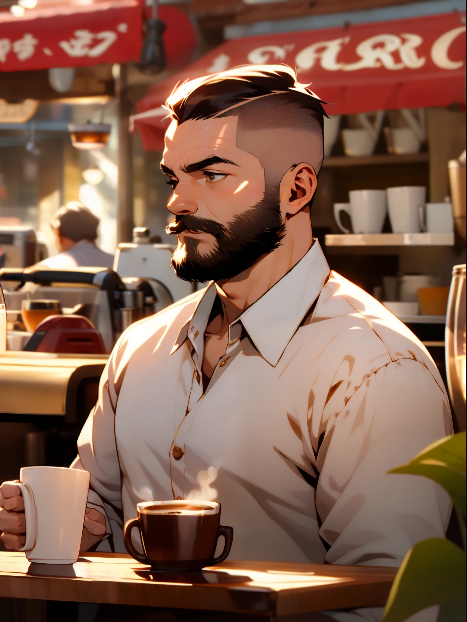 middle aged man, short hair, undercut, mustache, stubble facial hair, white shirt, detailed face, handsome face, early morning, coffee shop, depth of field, blurry background
