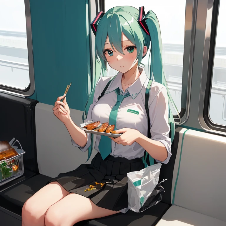 Hatsune Miku making smoked food on the train