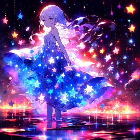 xcdd, dress, wading, star, water, sky, night, glowing, sparkle, star, night sky, backlighting, light particles, floating hair,, ...