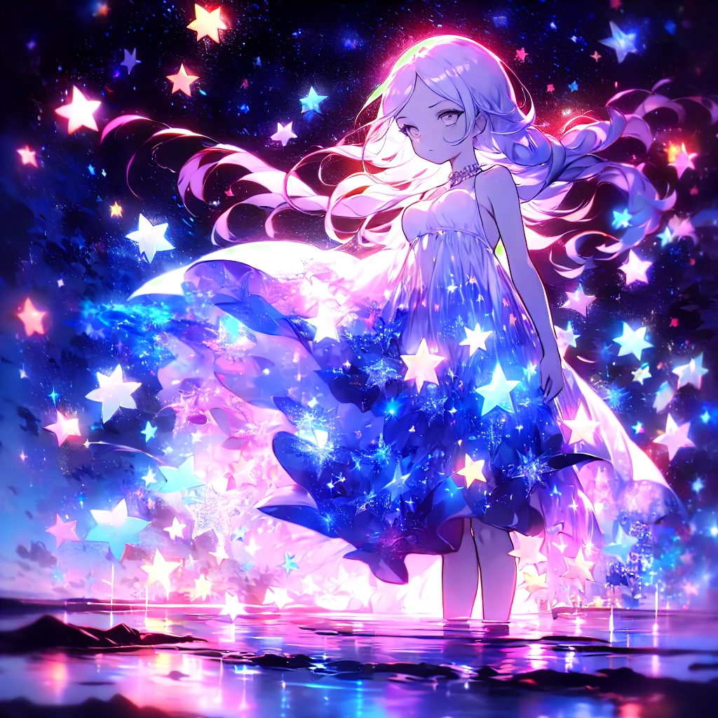 xcdd, dress, wading, star, water, sky, night, glowing, sparkle, star, night sky, backlighting, light particles, floating hair,, absurdres, ultra detailed, masterpiece, best quality, aesthetic, detailed,, serious, 1girl, (white eyes:1.1), (grey eyes:1.3), white hair, very long hair, parted hair, parted bangs, medium breasts,