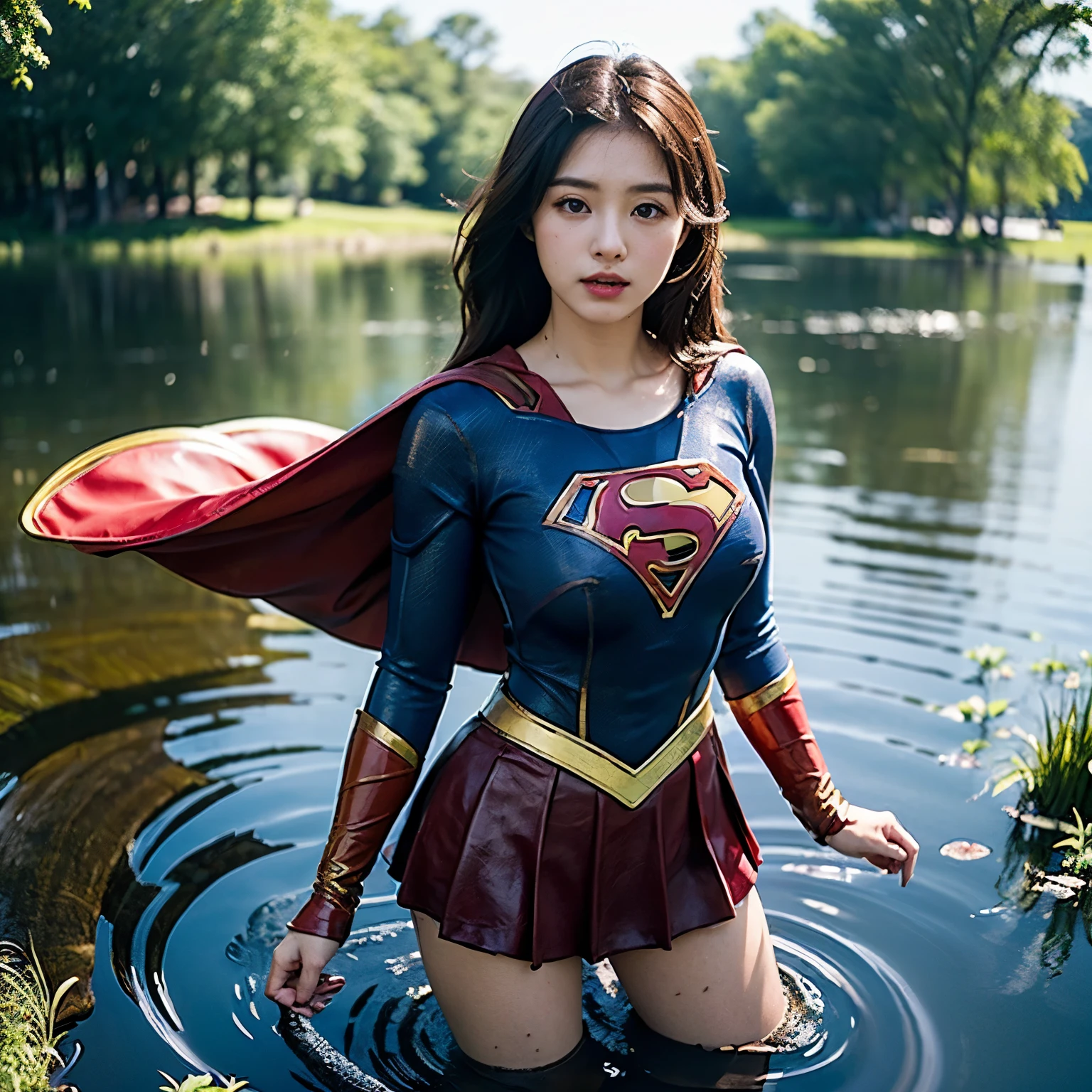 Lindo retrato da Supergirl、(Fantasia precisa de Supergirl:1.3)、Olhando para o inimigo、Abra sua boca、coxa、(Enfatize seios grandes:1.3)、foto de estúdio、fundo branco、luz solar、frente、no lago、(Enguias enxameiam em volta do meu corpo:1,9)、(Um cardume de enguias no pântano:1.2)、