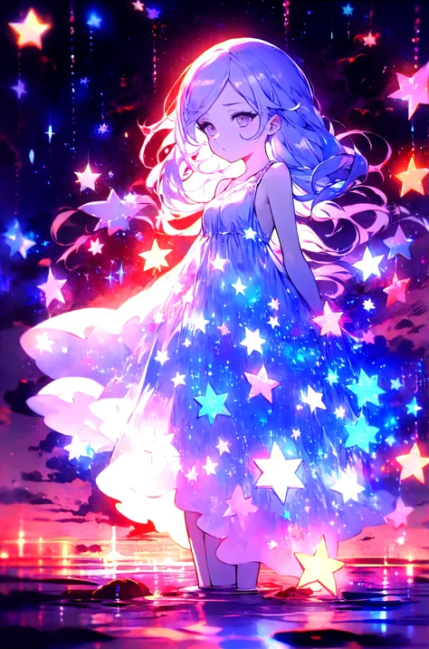 xcdd, dress, wading, star, water, sky, night, glowing, sparkle, star, night sky, backlighting, light particles, floating hair,, ...
