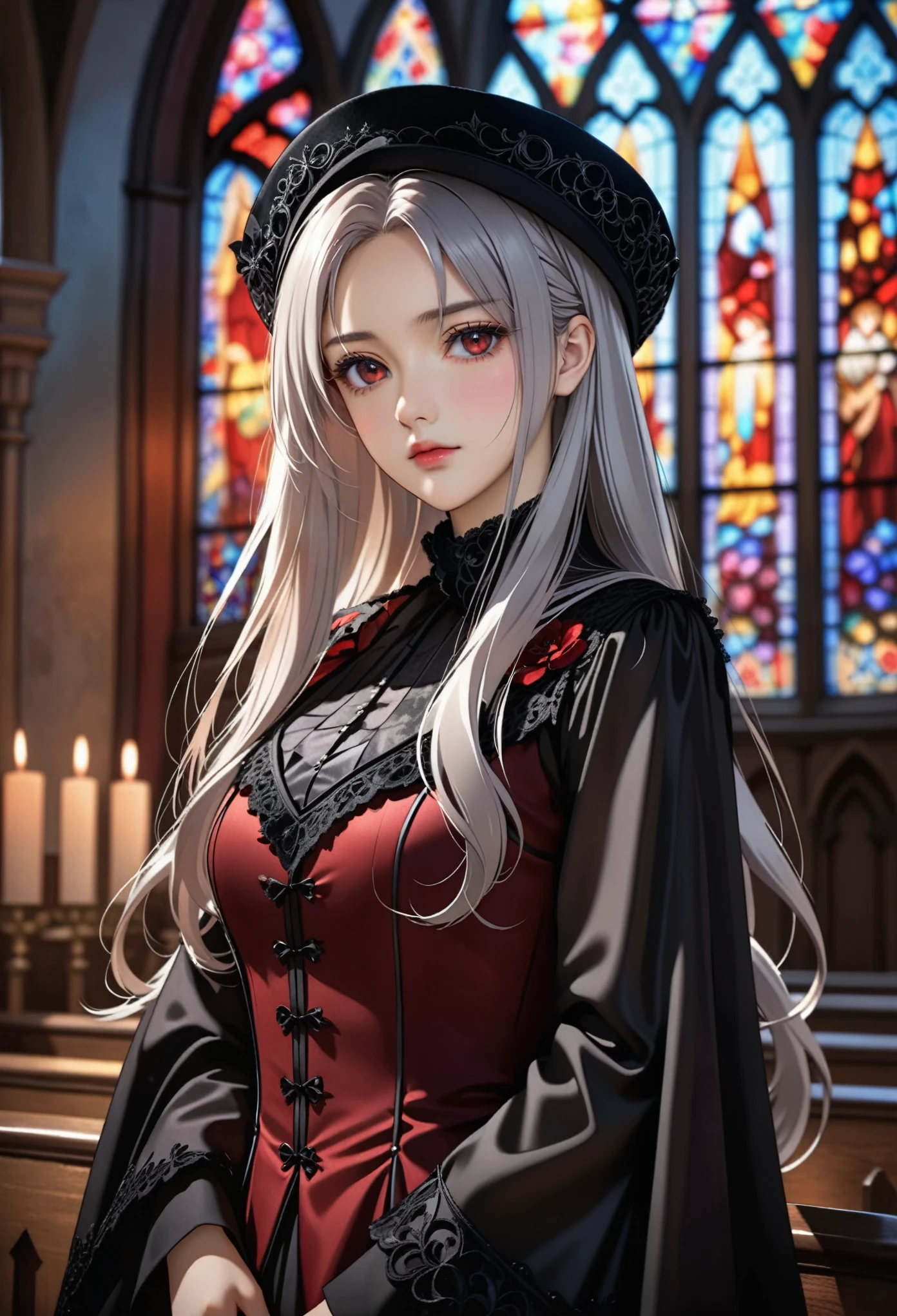 Top image quality，Top animation quality，Exquisite details，((Cute anime in 2023))，solo，Upper Body，A woman，(Wearing loose gothic clothing)，Lady hat，Silver long hair，Deep red eyes，Stand in the church，Depth of Field，Stained glass wall，dark feeling，cool