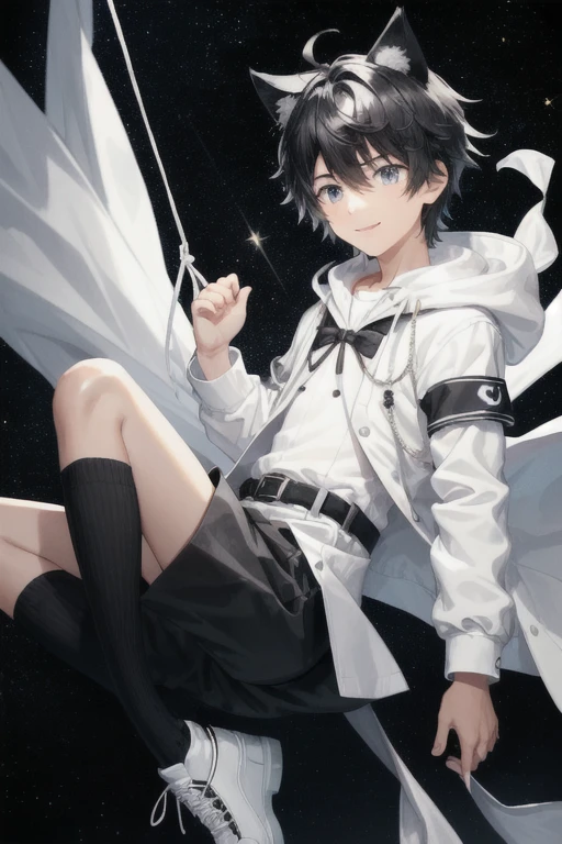 A boy is floating in space and showing us his left palm. A boy around 13 years old with black cat ears and a tail. Black hair, black eyes. With sparkling eyes full of hope, it floats in the air and stares at you with a smile. The jacket is something between a white-based black and white coat and a sailor uniform, with a flat black and white string hanging from the chest, a white collar, and a black belt hanging from the waist. Black shorts, black shoes, and long black socks. The background is a starry sky. Added a sparkling small starry sky-like effect to the entire image.