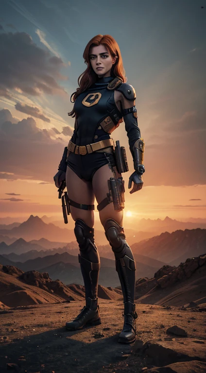 Apocalyptic Deep Artwork, Everything in detail, Highest image quality, 8k, Perfect panoramic composition: Full body 1 beautiful 20-year-old woman, 8K Detailed Golden Ratio Face, beautiful auburn hairstyle, beautiful 2-eyelid eyes, Smiling Chi, Standard body shape, handgun handle, sexy sexy American soldier outfits.