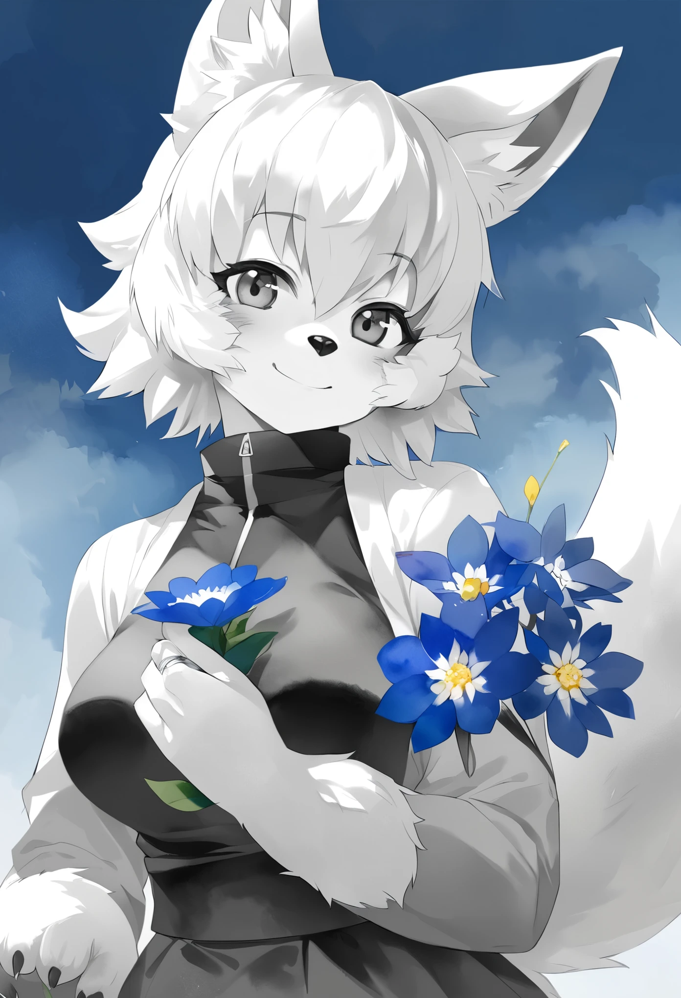 monochrome, watercolor, highres, top quality, best quality, paid reward available, High-quality illustrations, unparalleled masterpiece, perfect artwork, absurdres, 1girl, kemono, furry, detailed body fur, animal face, animal hand, Archaic Smile, holding a cluster of sky blue flower in both hands, which are positioned at chest level, She is wearing a simple ring on the ring finger of her left hand, unfocused spread of sky blue flower, fan-created work shared on platforms Pixiv or Twitter,