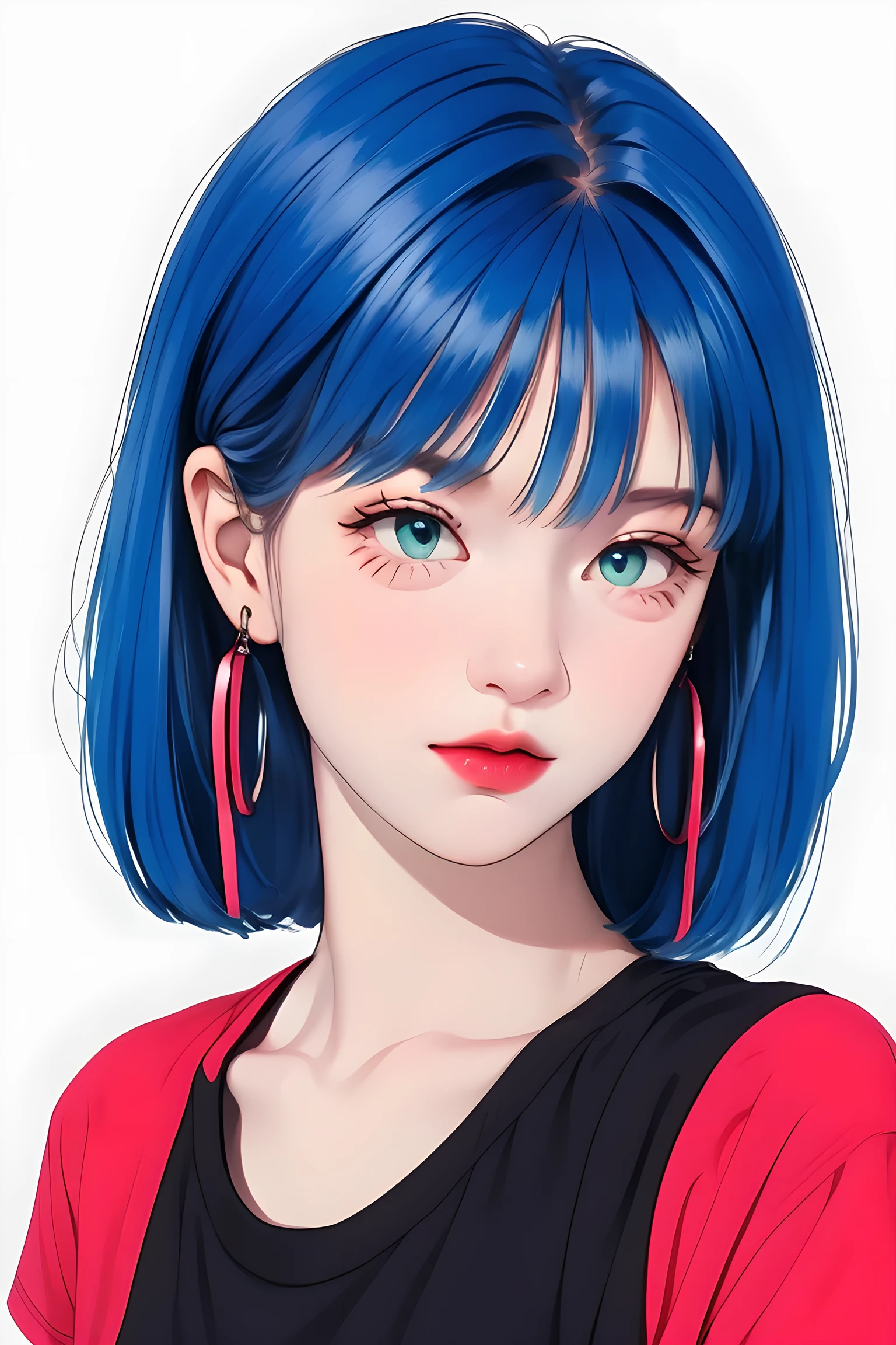 1 cute girl,colorful hair,straight_hair,short hair,hair wings,hoop_earrings,blue eyes,black short sleeve T-shirts,solid color background, cold expression, simple background, minimalist, evil smile, facing the camera, looking at the audience