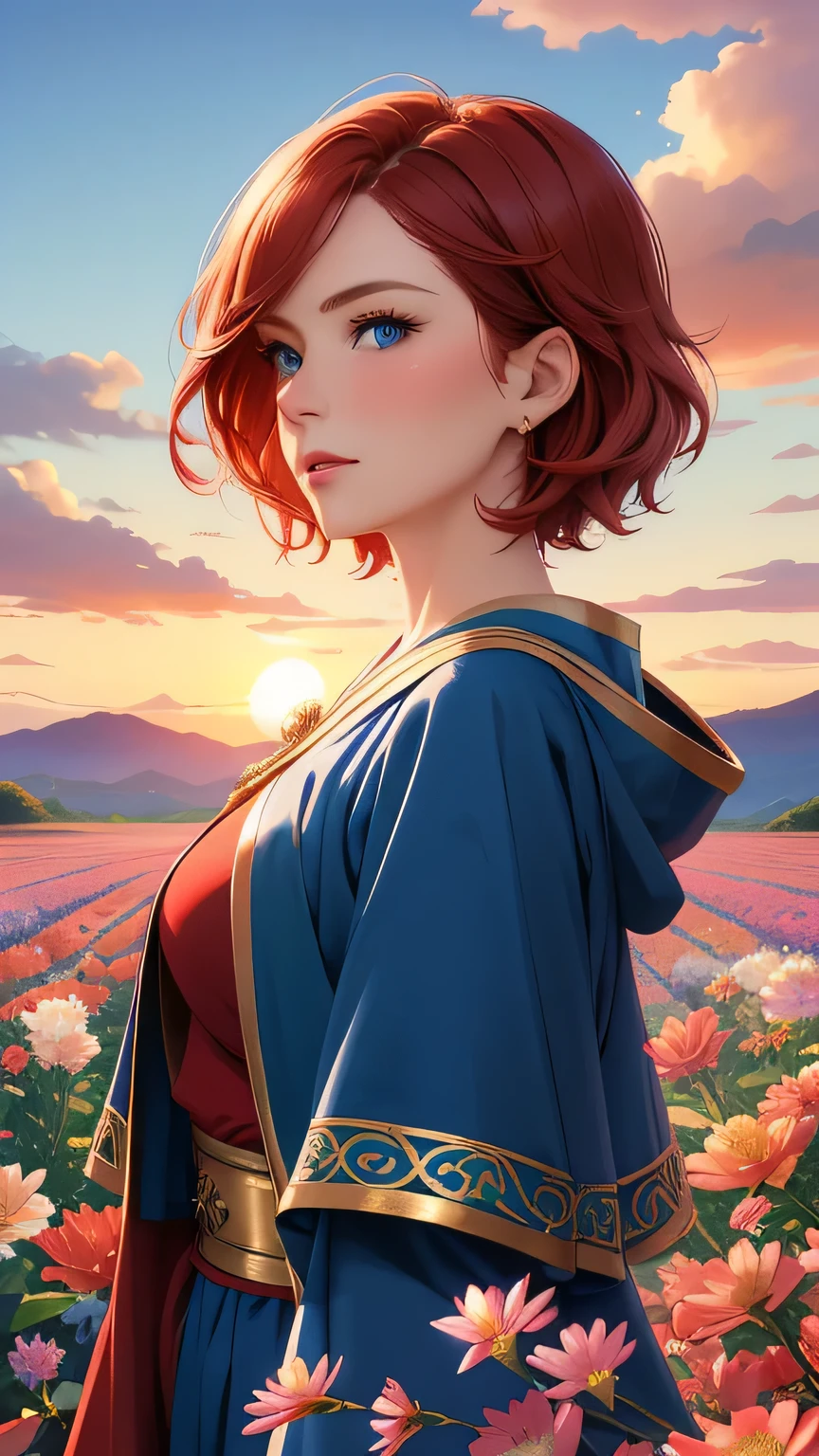 Best quality, 30 year old woman, short red hair, blue eyes, upper body, blue mage robes, intricate details, fancy, gold,  fluffy clouds,  colourful flower field,  sunset, 