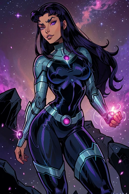 blackfire,starfire,beautiful detailed eyes,beautiful detailed lips,extremely detailed eyes and face,longeyelashes,short purple hair,gorgeous alien princess,long flowing hair,green energy powers,confident and fierce,cosmic glow,abstract background,colorful nebula,highres,photorealistic,concept artists,vivid colors,intense lighting