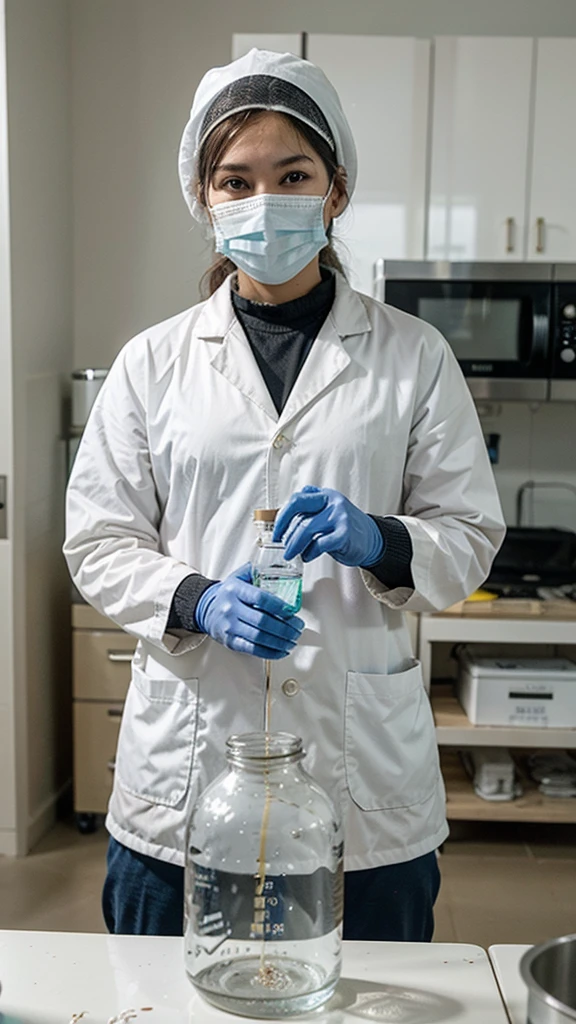 創作與實驗室作品一起呈現的逼真圖片. 工人是印尼男子，穿戴安全防護裝備, 白色長袖實驗室外套, 藍色面具, 白色頭巾. 工作人員正在用顯微鏡觀察細菌. 背景是一間實驗室，看起來乾淨有序. 有滴定管等各種分析設備, 蒸餾器, 微波爐, 乾燥器, 燒瓶, 通風櫃, 高壓滅菌器, 和主軸絮凝器測試罐.