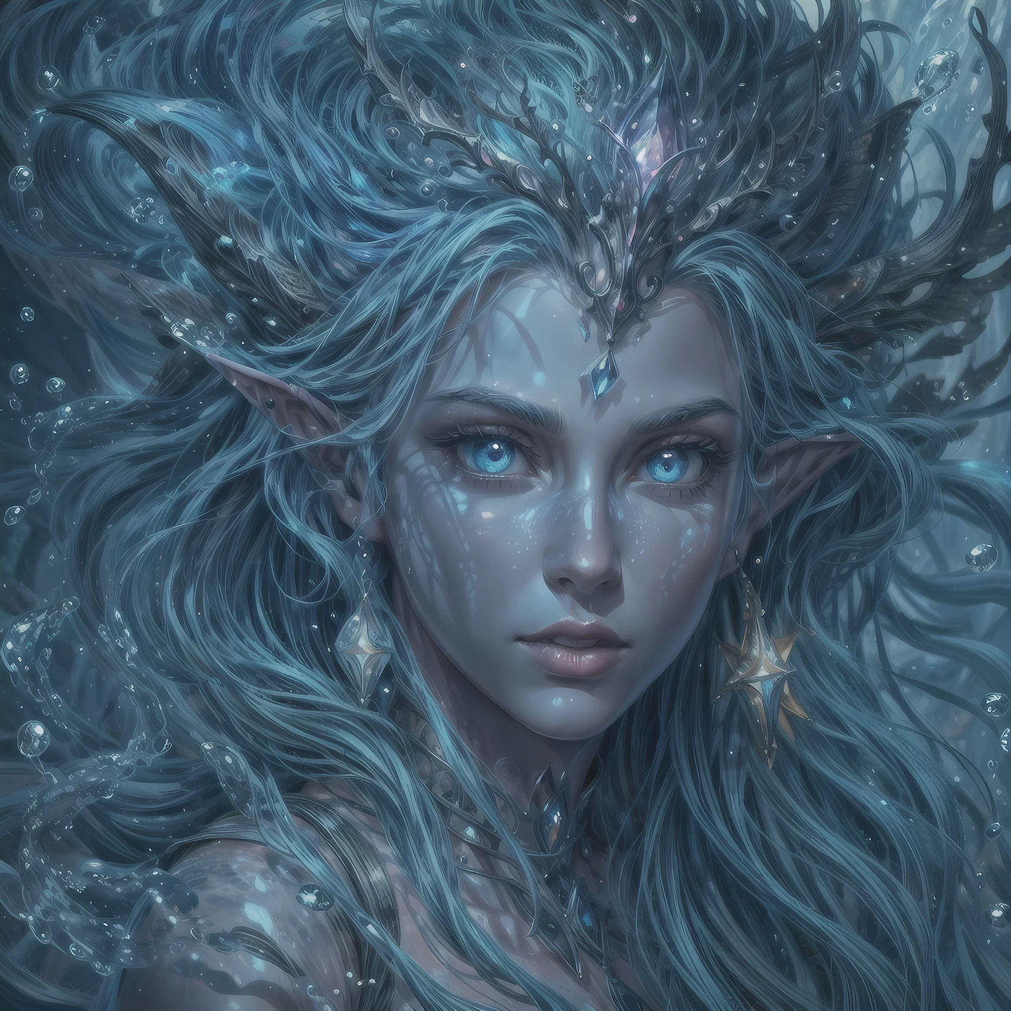 high details, best quality, 16k, [ultra detailed], masterpiece, best quality, (extremely detailed), dynamic angle, ultra wide shot, RAW, photorealistic, fantasy art, dnd art, rpg art, realistic art, an ultra wide picture of a sea elf (1.5 intricate details, Masterpiece, best quality) water mage casting ((water control spell)), water wizard ((water magic, intense magic details)), (( controlling a swirling mass of water)), magical symbols, female sea elf, blue skin, green hair, long hair, swirling hair, intense eyes, small pointed ears, ((blue eyes)), ((glowing eyes)), armed with magical wand, wearing sea shell clothing, beautiful elf, underwater background, rich underwater life, ((magical atmosphere)), fish and sea weeds, high details, best quality, highres, ultra wide angle