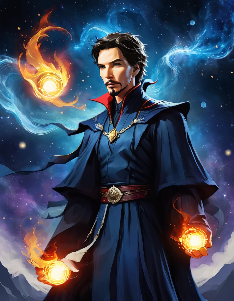 Un sorcier comme Doctor Strange, sans Plagiat dans un monde fantastique, avec un fond de galaxie celui-ci avec une boule de feu dans la main gauche