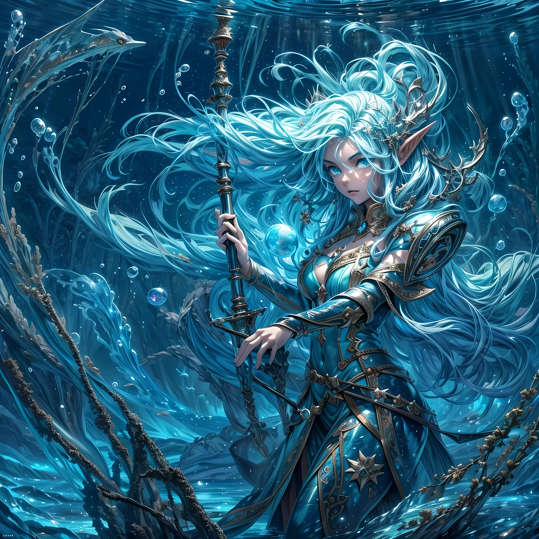 high details, best quality, 16k, [ultra detailed], masterpiece, best quality, (extremely detailed), dynamic angle, ultra wide shot, RAW, photorealistic, fantasy art, dnd art, rpg art, realistic art, an ultra wide picture of a sea elf (1.5 intricate details, Masterpiece, best quality) water mage casting ((water control spell)), water wizard ((water magic, intense magic details)), (( controlling a swirling mass of water)), magical symbols, female sea elf, blue skin, green hair, long hair, swirling hair, intense eyes, small pointed ears, ((blue eyes)), ((glowing eyes)), armed with magical wand, wearing sea shell clothing, beautiful elf, underwater background, rich underwater life, ((magical atmosphere)), fish and sea weeds, high details, best quality, highres, ultra wide angle