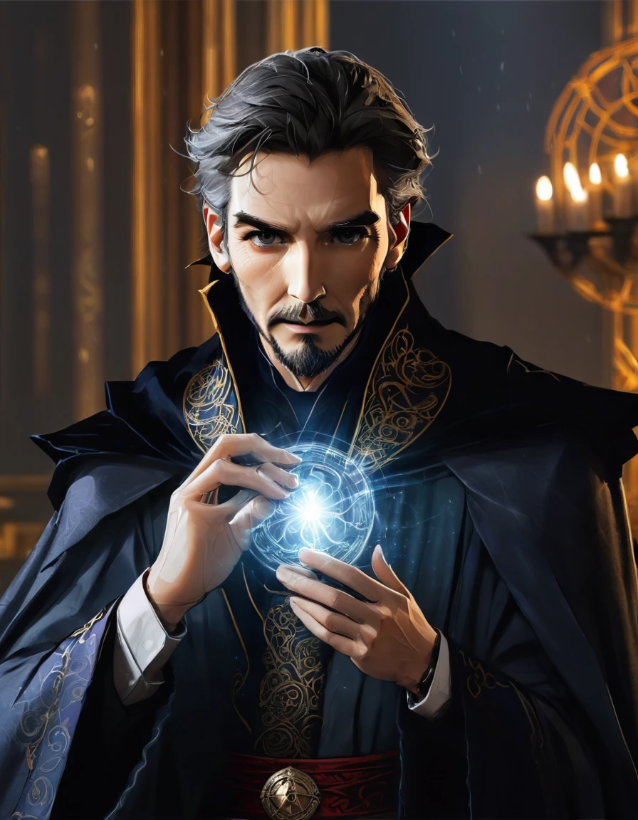 Realistic detail, 8K photo of a wizard Physically resembling Doctor Strange, without plagiarism, and the face of the wizard should not resemble him with a magical world with the symbol of weeca magic