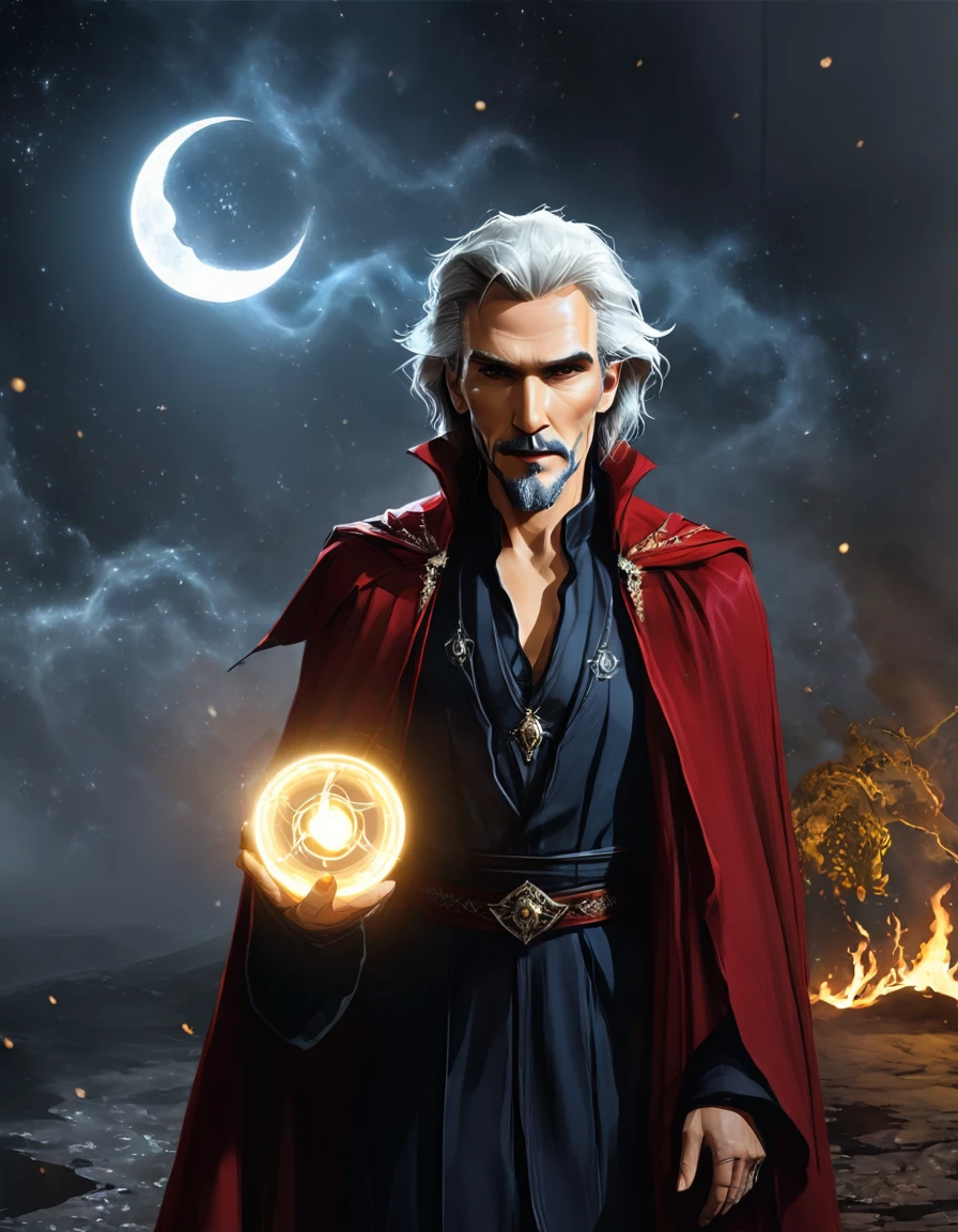 Realistic detail, 8K photo of a wizard Physically resembling Doctor Strange, without plagiarism, and the face of the wizard should not resemble him with a magical world with the symbol of weeca magic