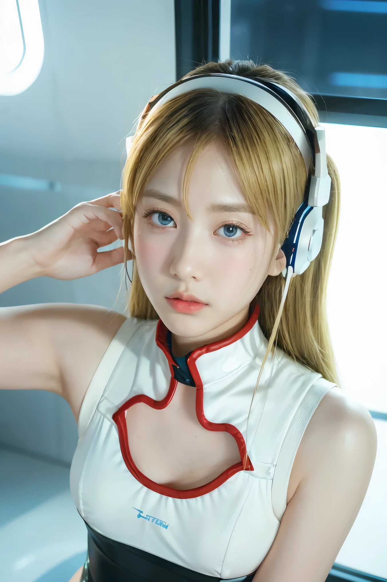 (Overhead view),dynamic angle,ultra-detailed, illustration, close-up, straight on, 1girl, 
 ((souryuu asuka langley, interface headset, red bodysuit:1.4, blonde)),Her eyes shone like dreamy stars,(glowing eyes:1.233),(beautiful and detailed eyes:1.1),(expressionless,closed mouth),(standing), 
(mechanic room with toolsand spaceship windowin a white SPACESHIP),
(night:1.2),dreamy, [[delicate fingers and hands:0.55]::0.85],(detail fingers),