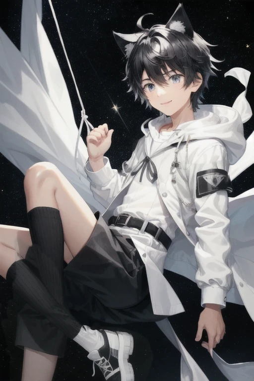 A boy is floating in space and showing us his left palm. A boy around 13 years old with black cat ears and a tail. Black hair, black eyes. With sparkling eyes full of hope, it floats in the air and stares at you with a smile. The jacket is something between a white-based black and white coat and a sailor uniform, with a flat black and white string hanging from the chest, a white collar, and a black belt hanging from the waist. Black shorts, black shoes, and long black socks. The background is a starry sky. Added a sparkling small starry sky-like effect to the entire image.