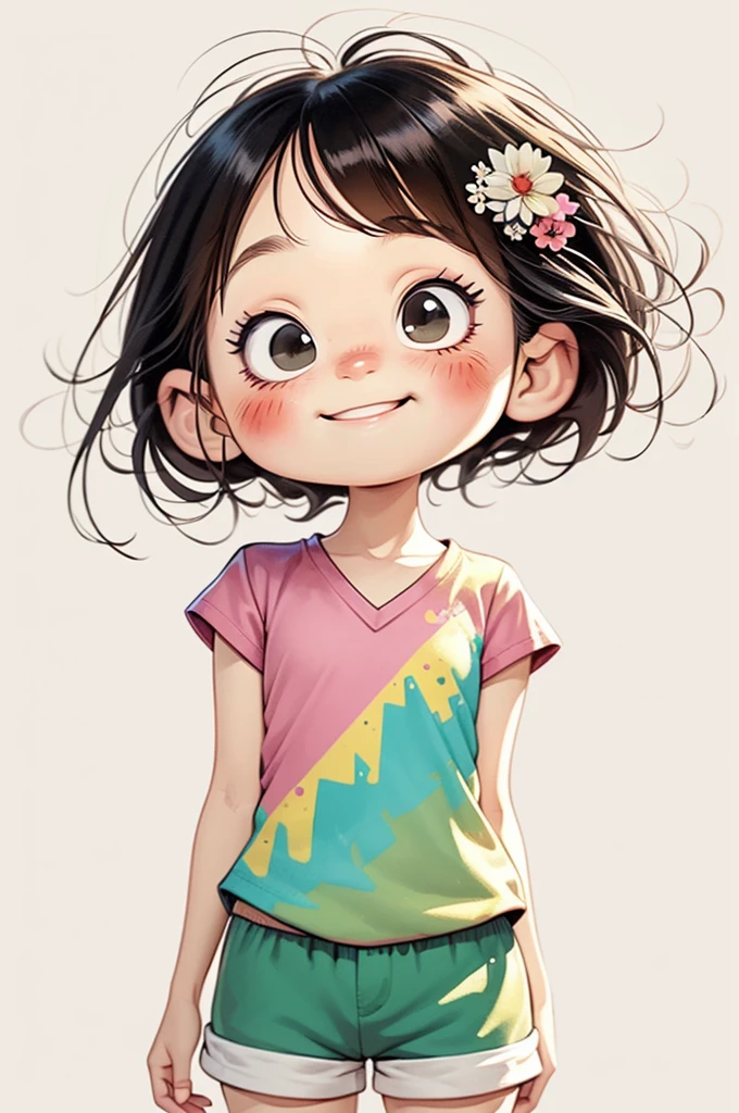 Aquarellmalerei，Chibi Ein Cartoon-Mädchen trägt ein rosa V-Ausschnitt-Shirt und weiße Shorts, großes Lächeln mit Zähnen, große niedliche Augen, süße digitale Malerei, süße digitale Kunst, Schöne und detaillierte digitale Kunst, Süßes Porträt, Cartoon-Kunststil, Super süßes und stylisches schwarzhaariges Mädchen, Kawaii realistisches Porträt, süßer Cartoon-Stil, (((chibi))) wunderschöne Kunst, Realistisches süßes Girlmatic