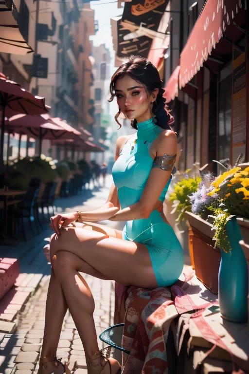 A cyborg girl sits at a desk in an outdoor cafe, best quality, high quality, absurdres, masterpiece:1.2, beautiful, intricate details:1.12, 1/2 body crop, slim body, beautiful figure, magnificent anatomy, HDR, (hyper-detailing:1.15), (natural skin textures, hyper realistic, soft light, Sharp:1.2), sci-fi, vibrant colors, soft pastel tones, warm sunlight.
