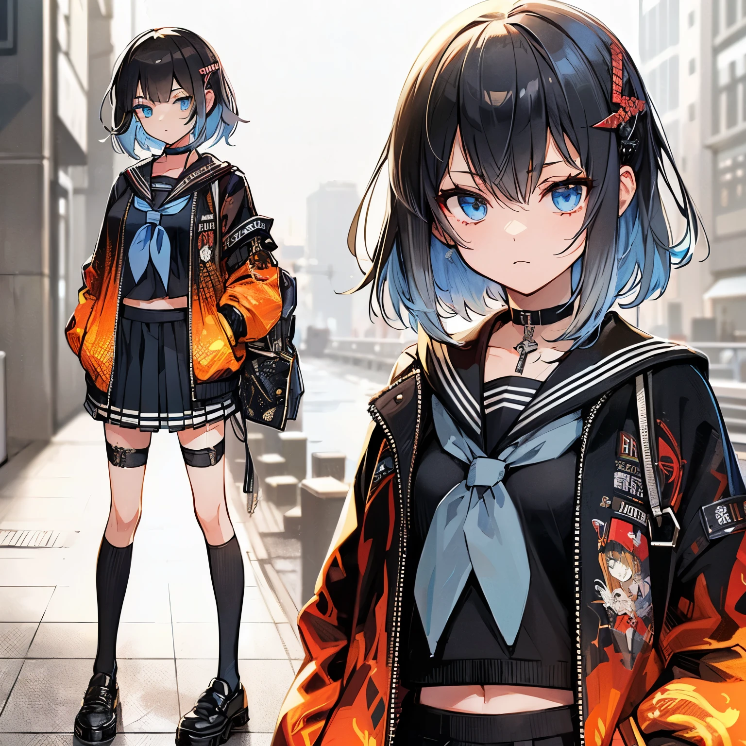 (Masterpiece, top quality), (detailed hair), super detailed, anime style, full body, solo, Cyberpunk badness high school girl, medium short black hair mixed with gray hair, Rebellious, sky-blue eyes, wearing fire patterned jacket over black sailor uniform, school shoes, standing in urban area, white background, whole body,
