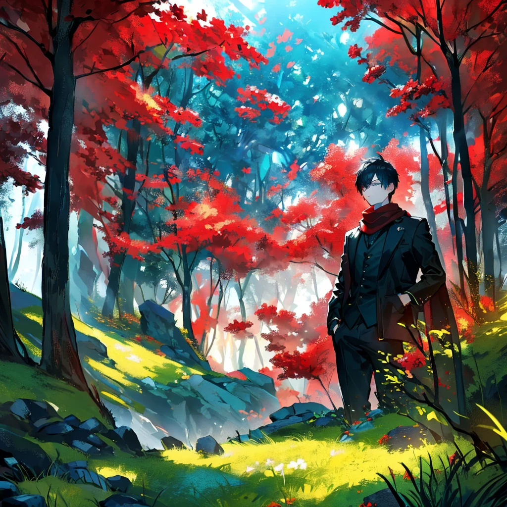 A young man Enjoying the view(Shady forest background, facing the screen,Wearing a black jacket and red scarf, HD view,Detailed depiction of the face and body, detailed background