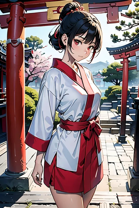 Amidst the vibrant hues of an Inari Shrine, there stands a maiden, her ethereal figure contrasting against the fiery crimson of ...