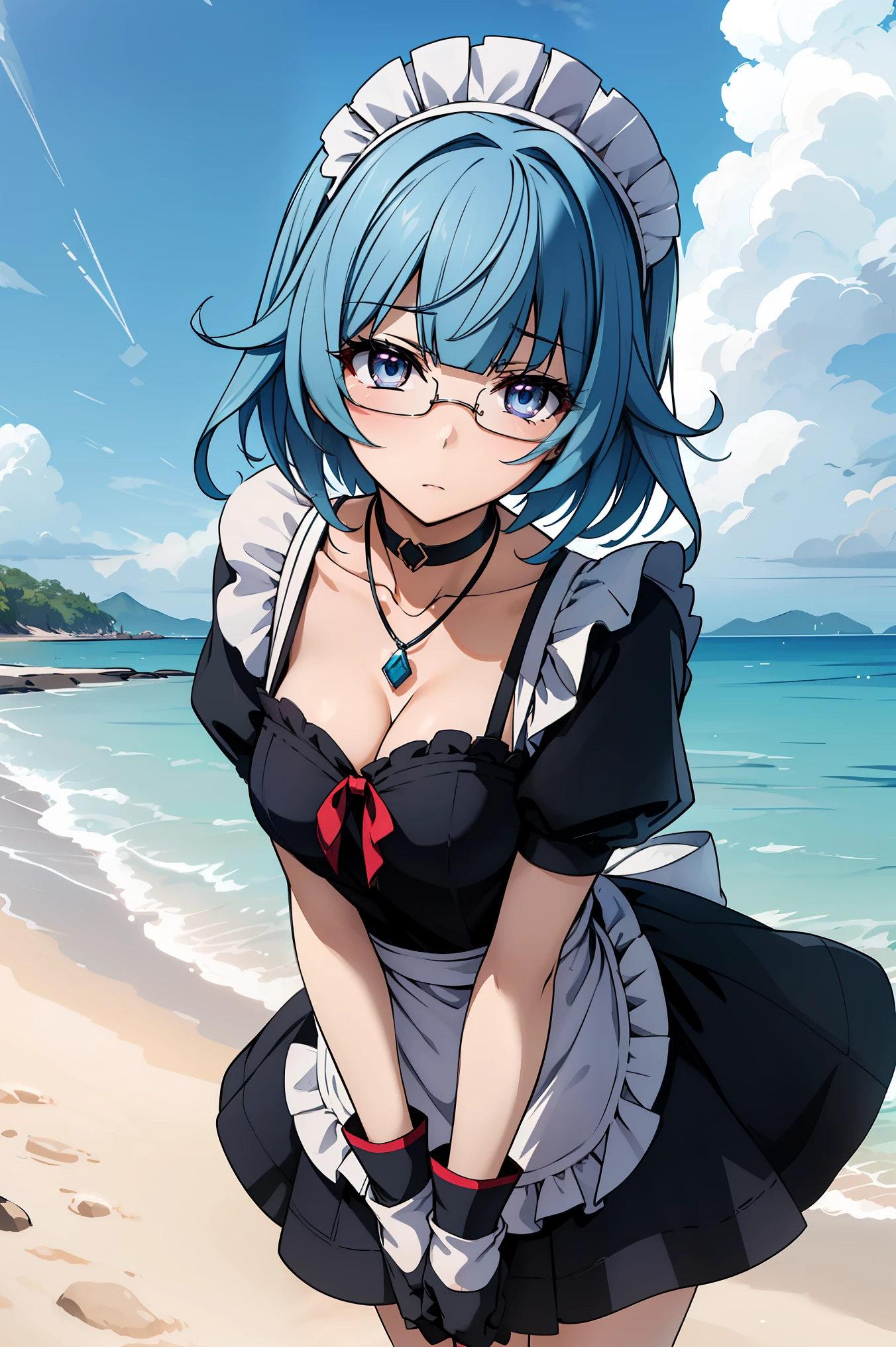 sarashiki kanzashi,1girl,solo,short hair,blue hair,red eyes,glasses,bangs,medium hair,
BREAK (black dress ,maid headdress, maid apron, maid dress,white collar ,necklace,long_sleeves,maid,collarbone,choker,fingerless_gloves:1.2),
BREAK (outdoor,Blue sky,White cloud,beach,shore,seawater:1.2)
BREAK open one's legs、Taken from below、low angles, drooing eyes、glares、angry looking face、Shyness、glares、up chest,
BREAK (masterpiece:1.2), best quality, high resolution, unity 8k wallpaper, (illustration:0.8), (beautiful detailed eyes:1.6), extremely detailed face, perfect lighting, extremely detailed CG, (perfect hands, perfect anatomy),