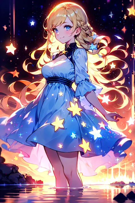 xcdd, dress, wading, star, water, sky, night, glowing, sparkle, star, night sky, backlighting, light particles, floating hair, a...