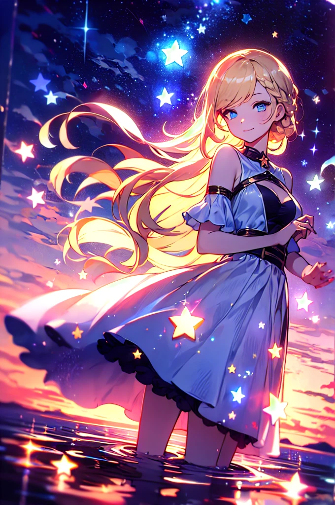 xcdd, dress, wading, star, water, sky, night, glowing, sparkle, star, night sky, backlighting, light particles, floating hair, absurdres, ultra detailed, masterpiece, best quality, aesthetic, detailed,, solo, soft smile, light smile,
katya1, 1girl, blue eyes, very long hair, blonde hair, long blonde hair, french braid, bangs, medium breasts,