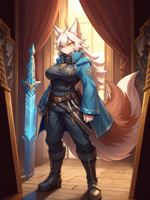 (best quality, masterpiece:1.2), backlit lighting, extremely detailed background,,de pele branca, Massive, muscular girl, Kaiju, aggressive, Proud,long, wavy white hair,Long dark blue coat,very very gigantic ,muffler,Wolf Girl,Golden decoration,big tail,trouser,Big animal ears,huge sword,long boots,Warm clothing,Clothes that are large in size,No skin exposure,Fluffy,venusbody,arknights,angry,