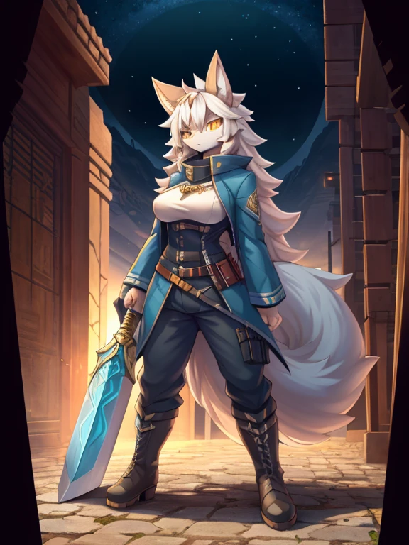 (best quality, masterpiece:1.2), backlit lighting, extremely detailed background,,de pele branca, Massive, muscular girl, Kaiju, aggressive, Proud,long, wavy white hair,Long dark blue coat,very very gigantic ,muffler,Wolf Girl,Golden decoration,big tail,trouser,Big animal ears,huge sword,long boots,Warm clothing,Clothes that are large in size,No skin exposure,Fluffy,venusbody,arknights,angry,